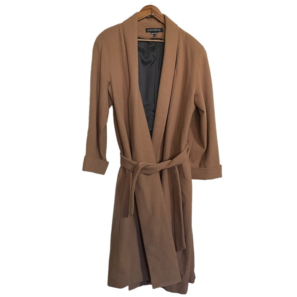 Vintage Womens Camel Tan Long Line Open Front Belted Pockets 100% Wool Coat 10